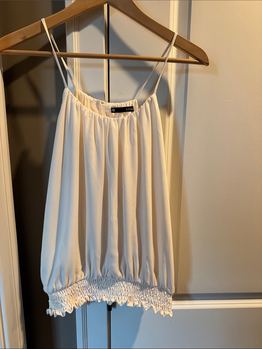 Krisa White Smocked Hem Spaghetti Strap Tank Top